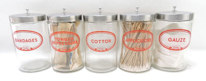 Lot of 5 glass medical canisters, 7"
