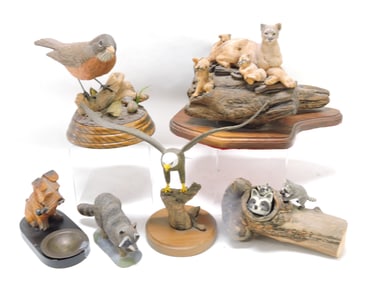 Lot of 6 wood carvings: robin 7 1/2",