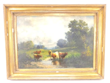 Oil on canvas with cows in stream,