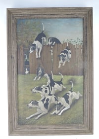 Oil on canvas of dogs at fence,