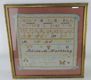 Framed sampler, Alice M. Farthing, 1894,