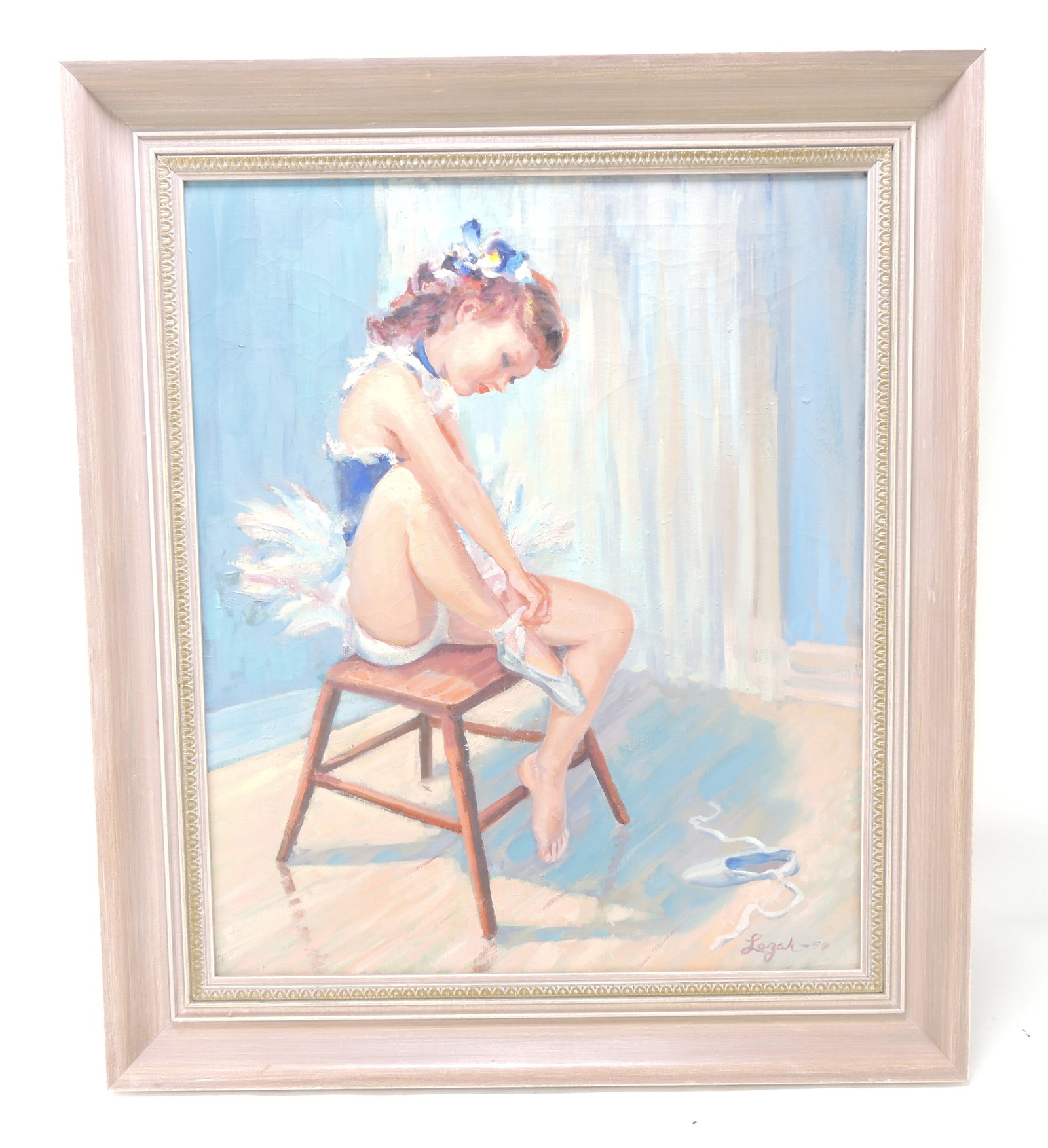Oil on canvas of ballerina girl: putting on her shoes, signed Legah 1954, image 24"x20", frame 29"x25"
