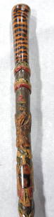 Folk art cane walking stick with: crest, lizard, and snake, 36"