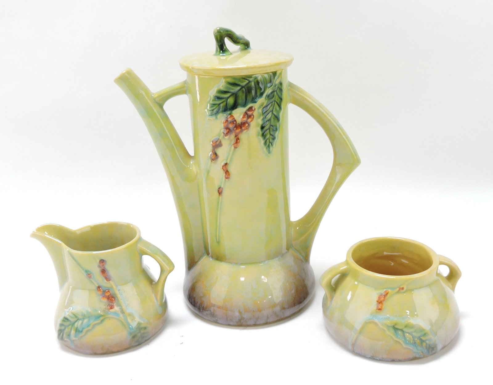 Roseville Winecraft coffee pot 250P,: creamer 250C, and sugar 250S, 2 1/2" to 9 1/2"