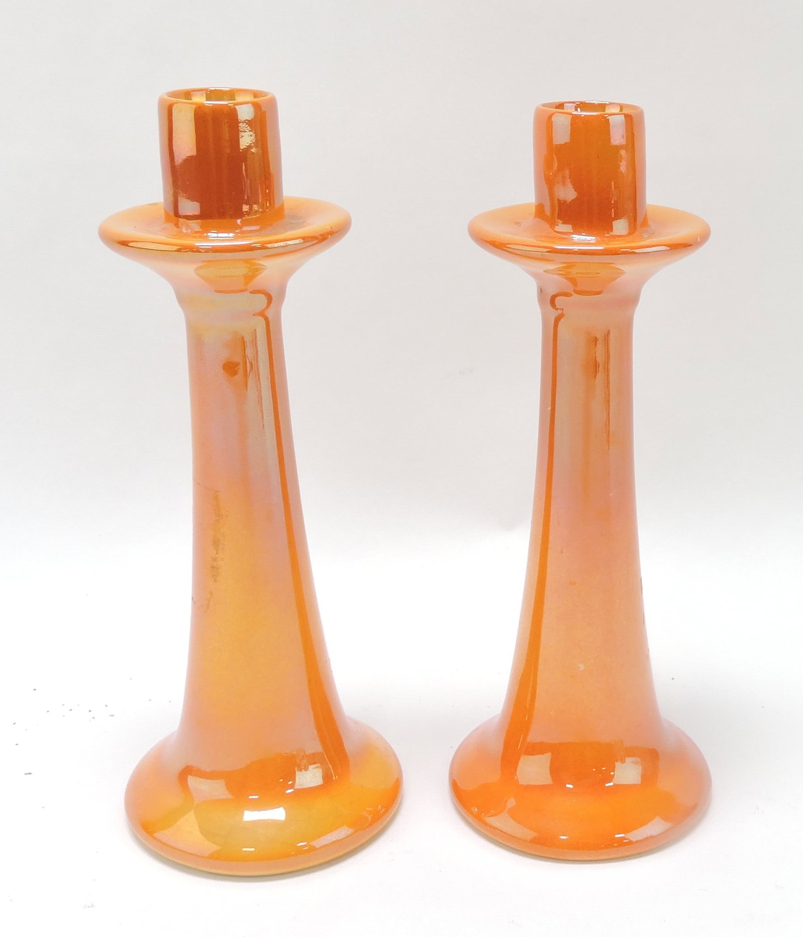 Weller orange luster pair of candle: sticks, 8"