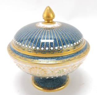 Royal Worcester small covered trinket: box, teal enamel with swags, stripes, etc, many jewels, made for Asprey's circa 1900, 4"