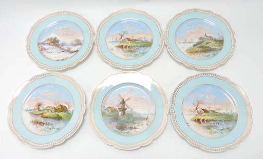 Limoge set of 12 - 8 1/4" dessert: plates painted with scenes surrounded by French turquoise border