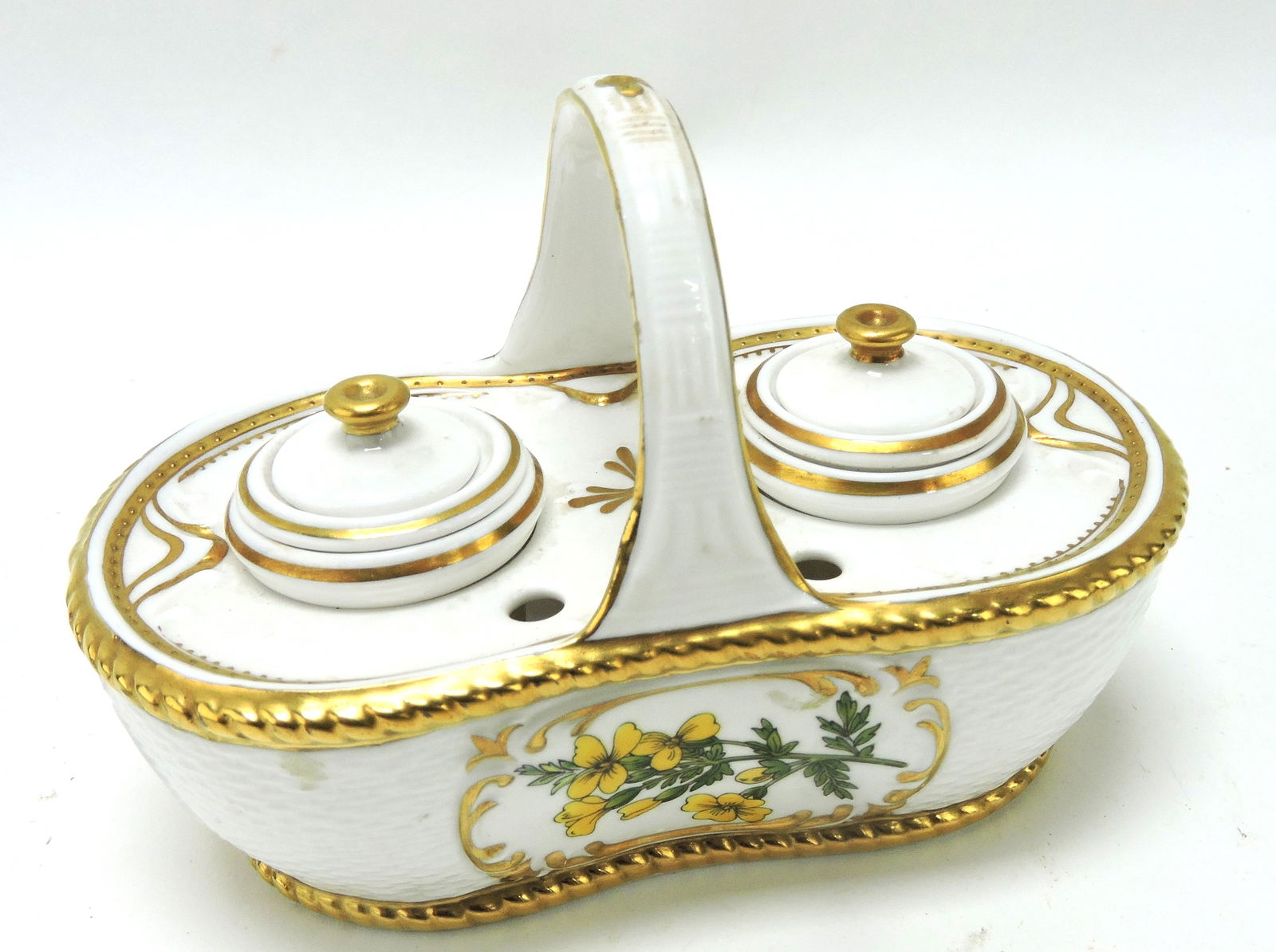 Spode inkwell "Stafford Flowers" bone china basket form: inkwell, Lelenia & Nepeta, 4"h, 5 1/2"w