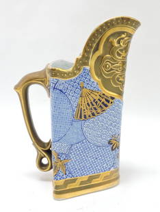 Rare porcelain Aesthetic pitcher: with gold and gilt bronze with blue transfer, 7 1/2"