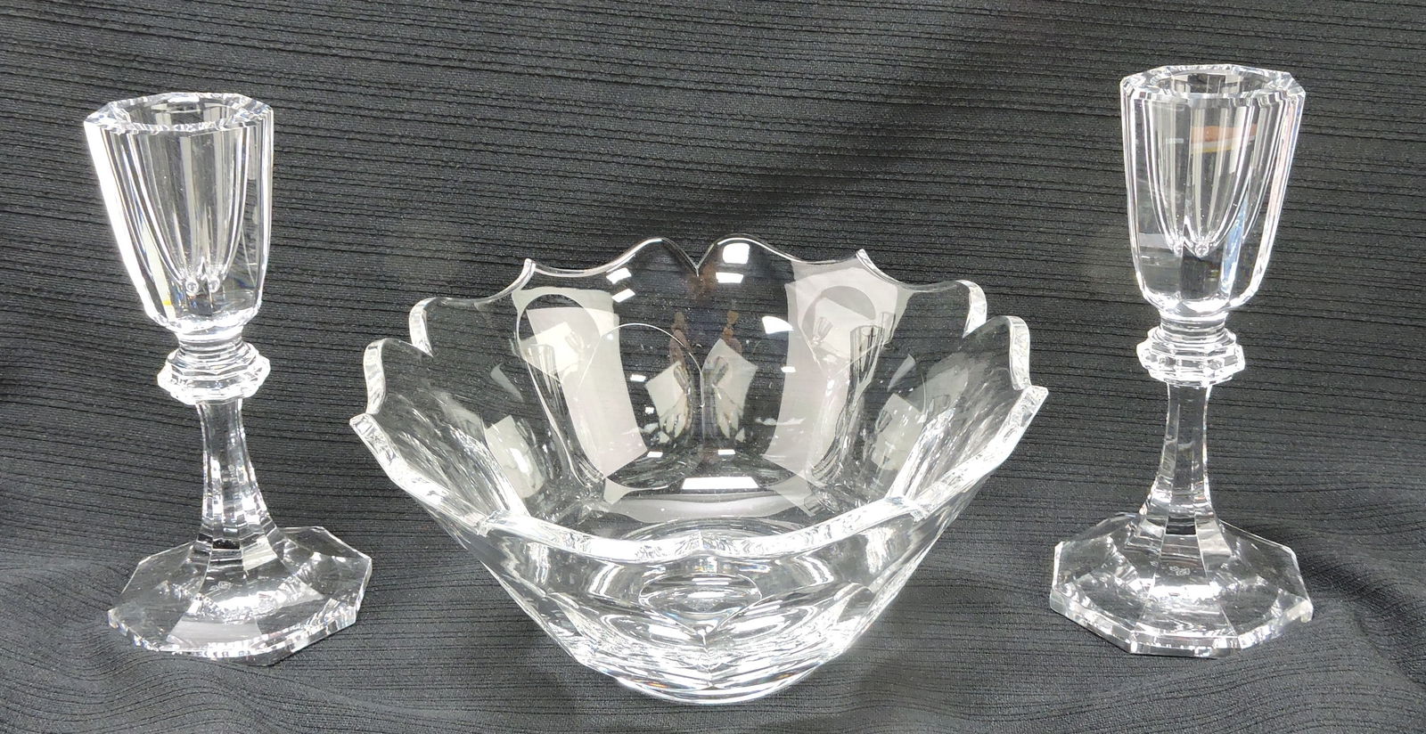 Cartier Lotus bowl (signed), 8 1/2" AND: pair of heavy 7" lead crystal candle sticks by Josair