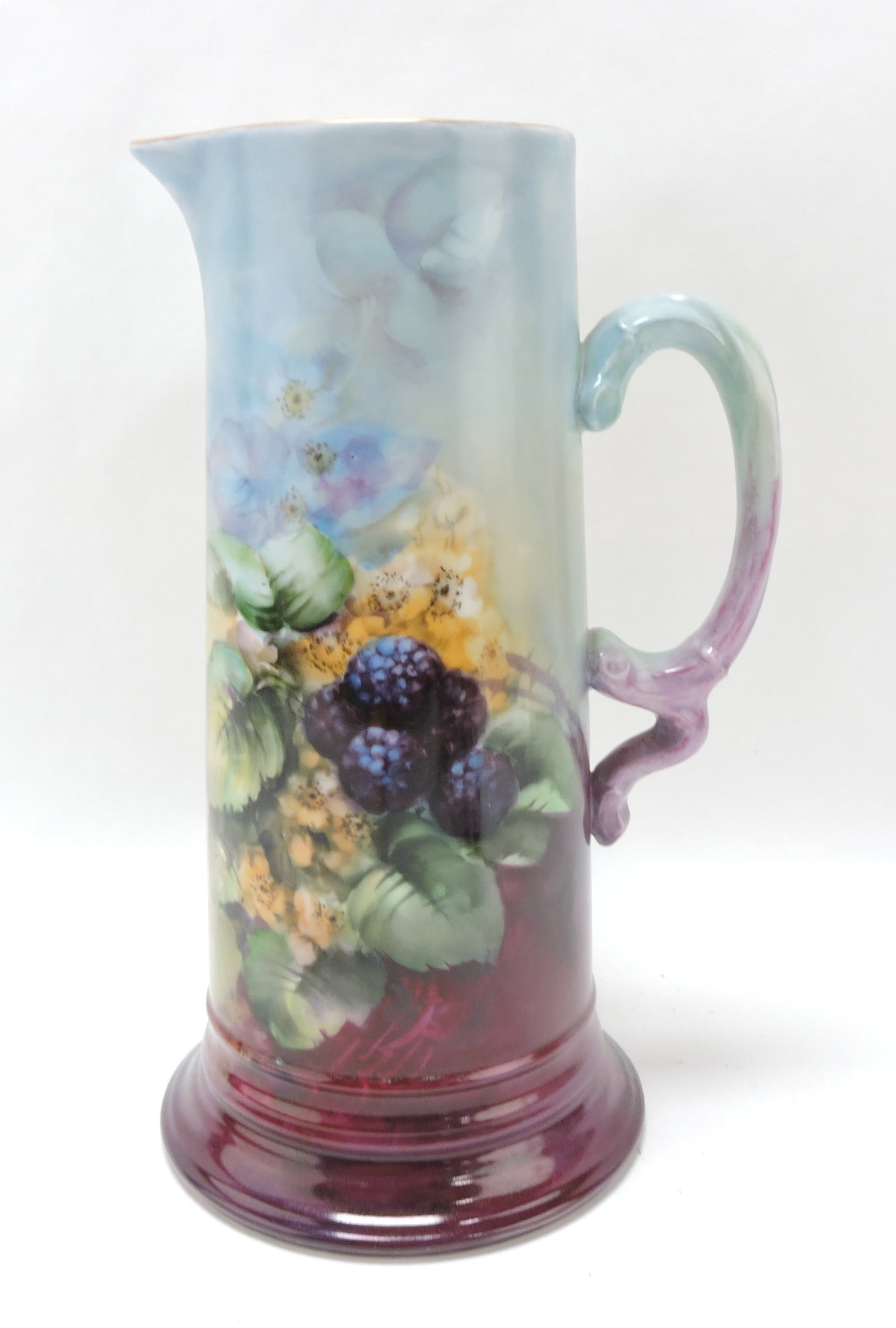 JPL French Limoges tankard pitcher: with blackberries, 12"