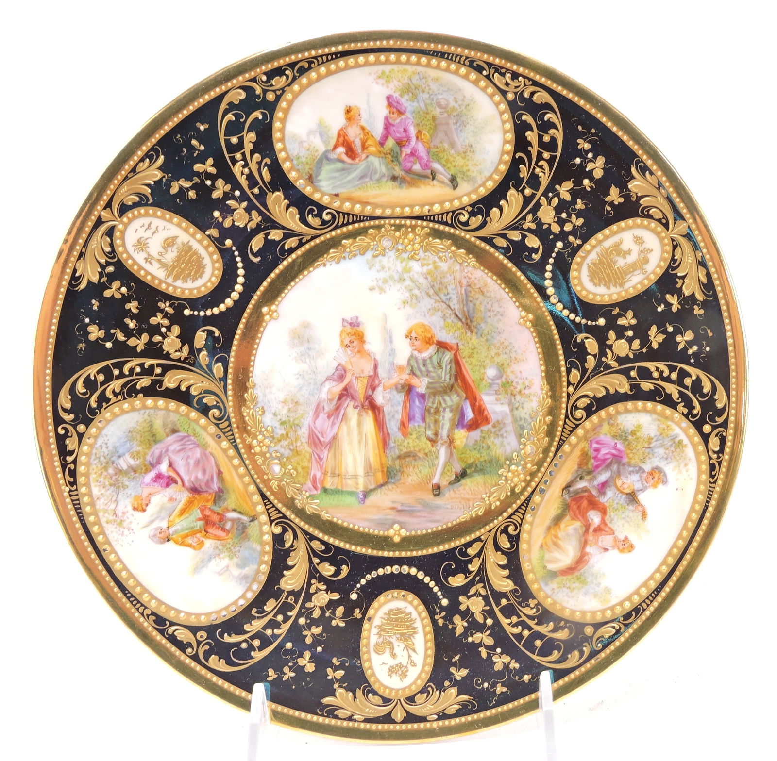 Dresden porcelain plate with heavy: gold decor and beading with painted couple scenes, 9 1/2"
