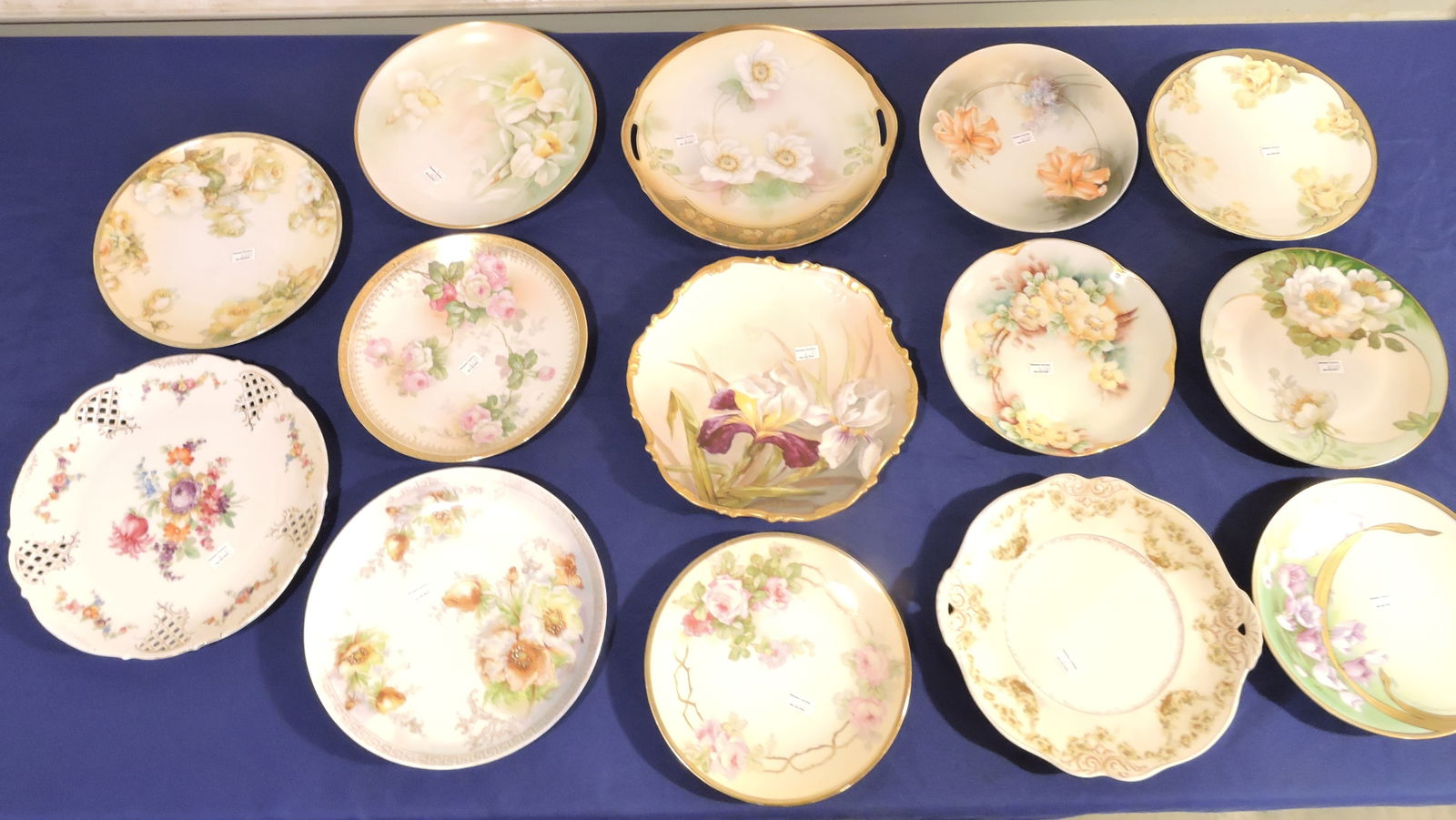 Lot of 14 hand painted plates and: cake plates, 8" to 10": R.S. German, Silesia, Dresden, Austrian, Prussia, Bavaria, and more