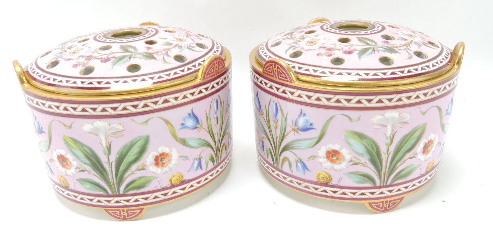 Minton pair of pink Aesthetic bough pots: with covers with floral decor, 5"h, 6 1/2"d
