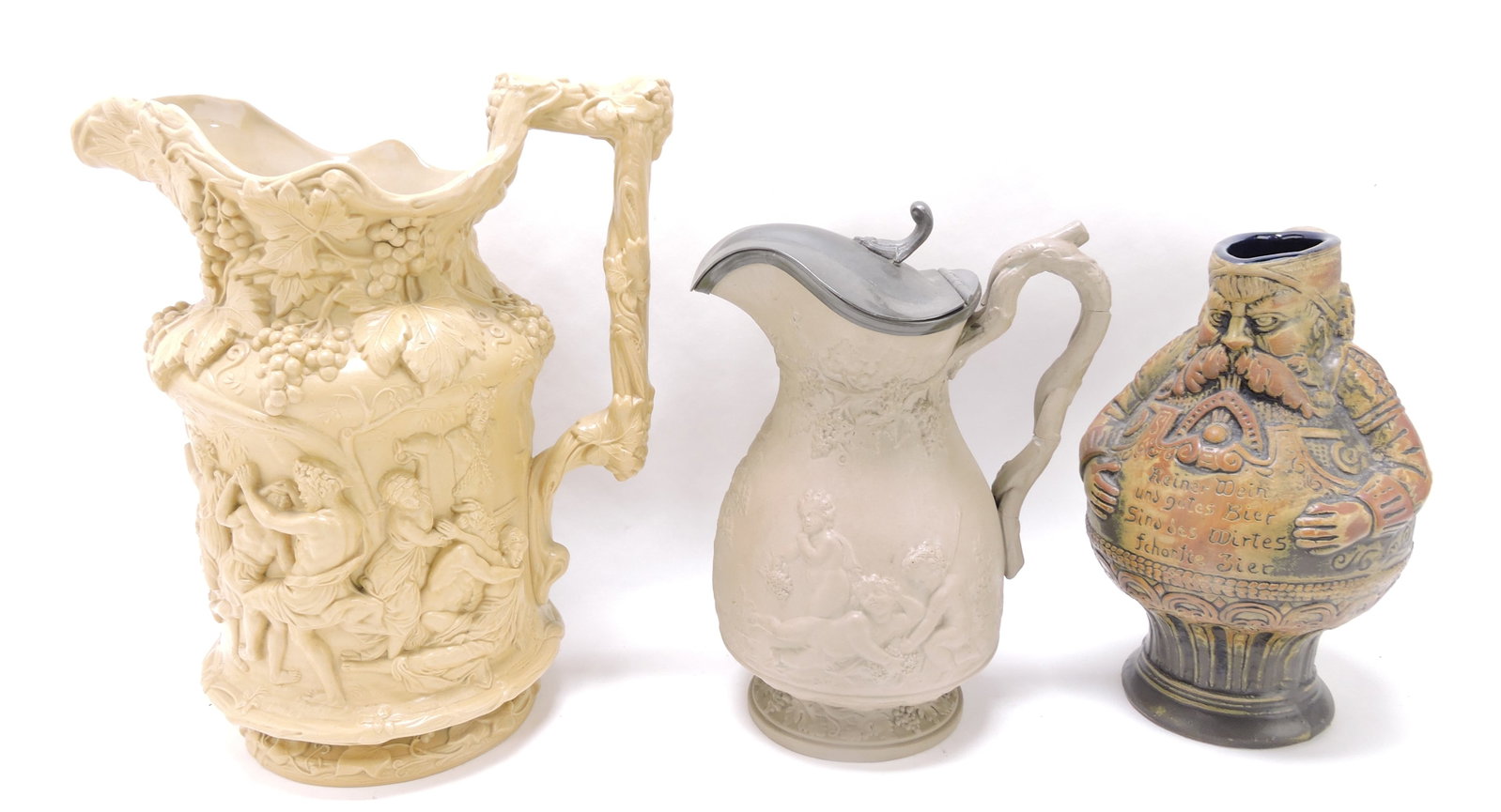 Lot of 2 English molded jugs and: contemporary toby jug, 9" to 12"