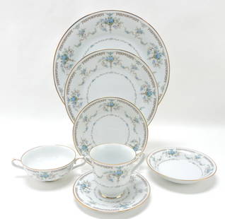 Noritake Cotillion set of china, 68 pcs:: plates: 8 - 10 1/2", 8 - 8", and 8 - 6 1/4", 8 - 5 3/4" dessert bowls, 12 cups, 8 saucers, 8 two handled soups, creamer, sugar, sauce boat and stand, round covered vegetable dish, oval vegetable bowl,