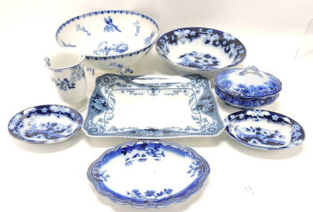 Flow blue lot of 8 assorted pieces,: 6" to 11"