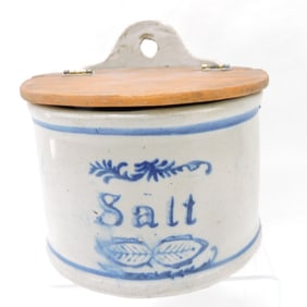 Stoneware salt crock, 5 3/4"h, 6"w