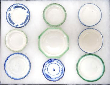 Lot of 9 butter pats, 2 flow blue,