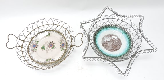 Lot of 2 plates with wire baskets, 11"