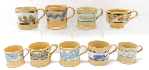 Yellow ware mocha lot of 9 mugs,