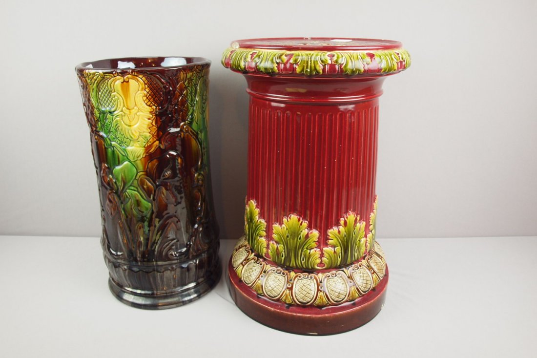 German majolica garden seat, repairs & chips AND ble: German majolica garden seat, repairs & chips AND blended umbrella stand