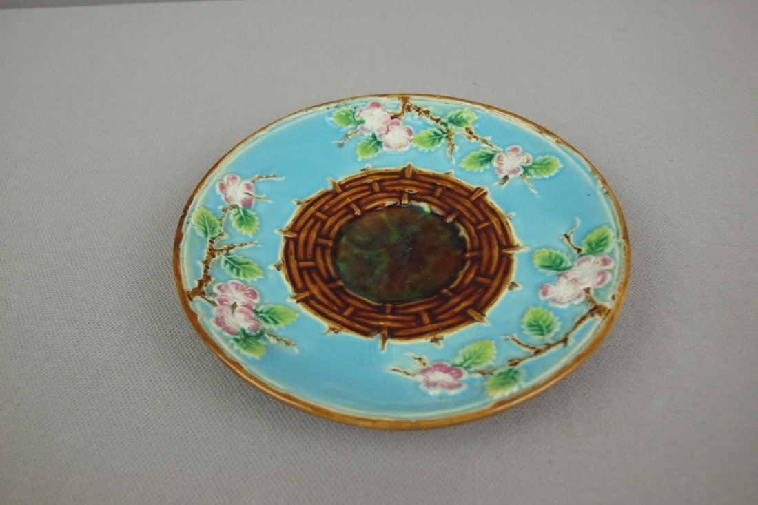 GEORGE JONES turquoise majolica apple blossom saucer: GEORGE JONES turquoise majolica apple blossom saucer, 5 1/2"
