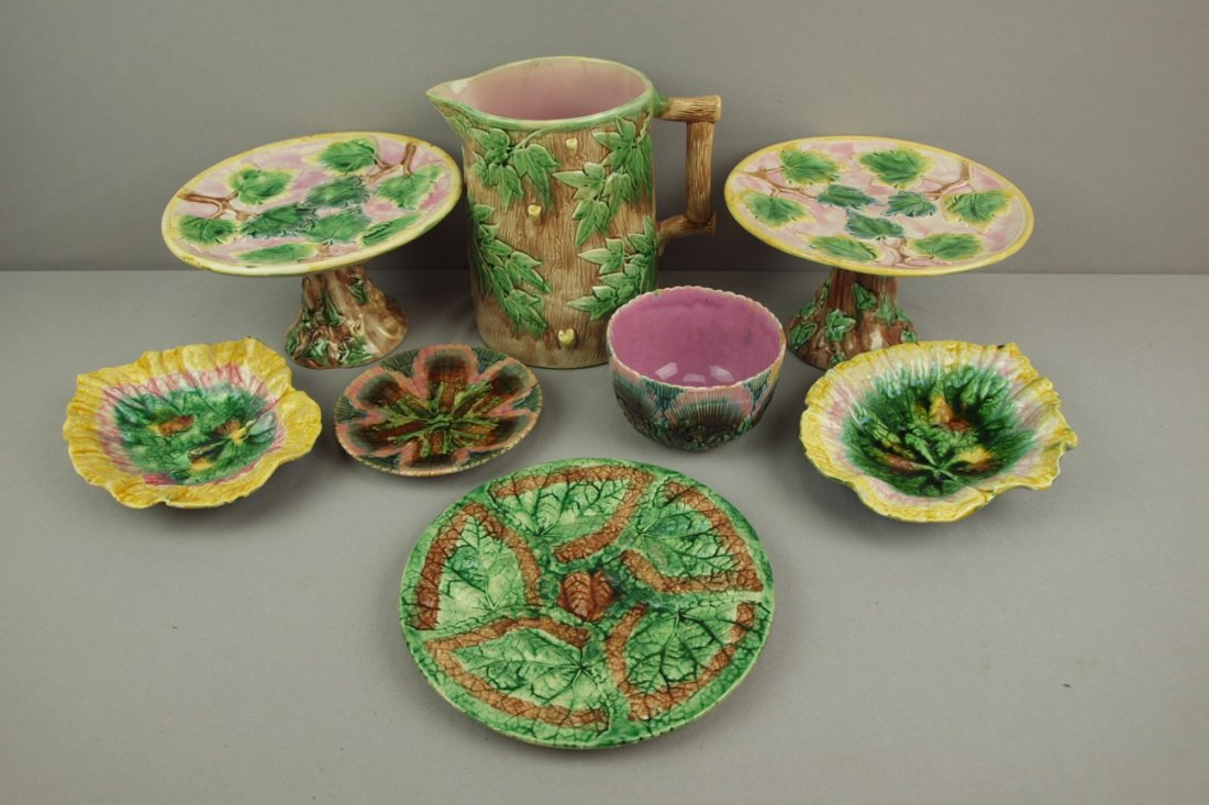 ETRUSCAN lot of 8 pieces - 2 maple leaf cake stands,: ETRUSCAN lot of 8 pieces - 2 maple leaf cake stands, rustic pitcher, 2 begonia leaves, overlapping begonia plate, shell & seaweed waste bowl and saucer, various condition