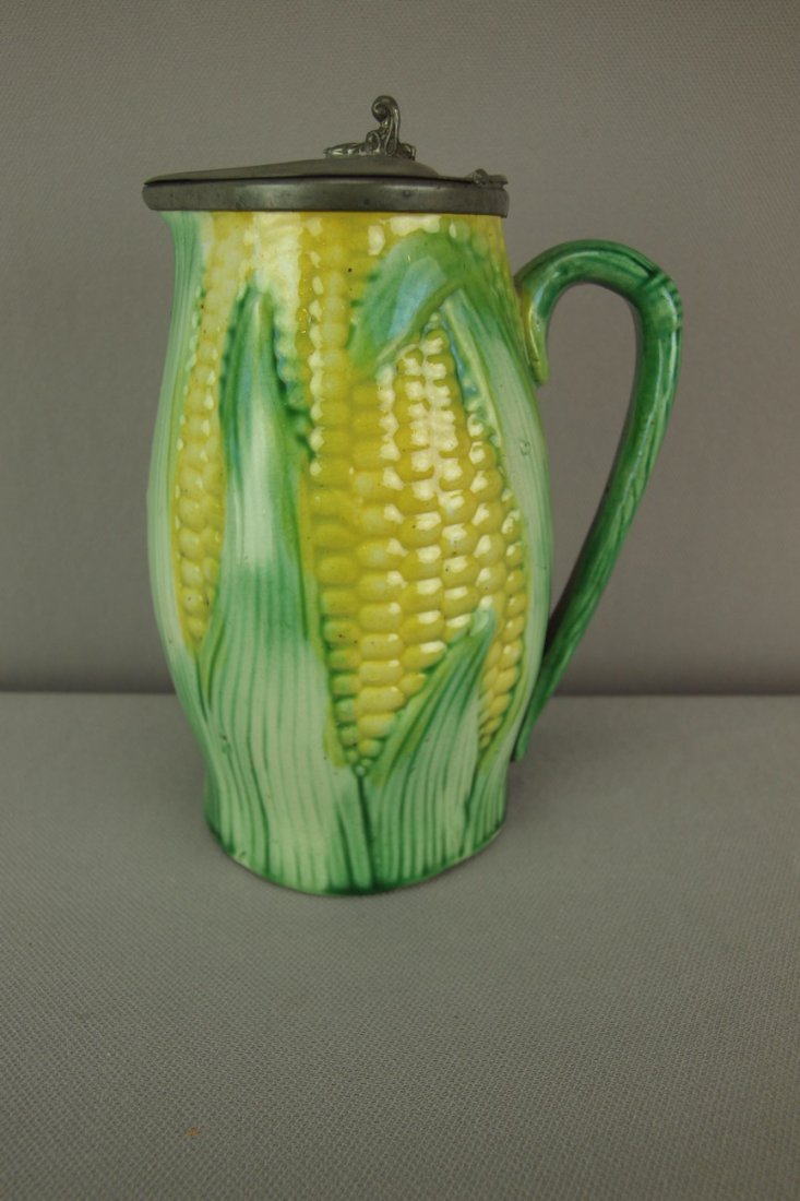 Majolica corn syrup pitcher with pewter top, 6" : Majolica corn syrup pitcher with pewter top, 6"