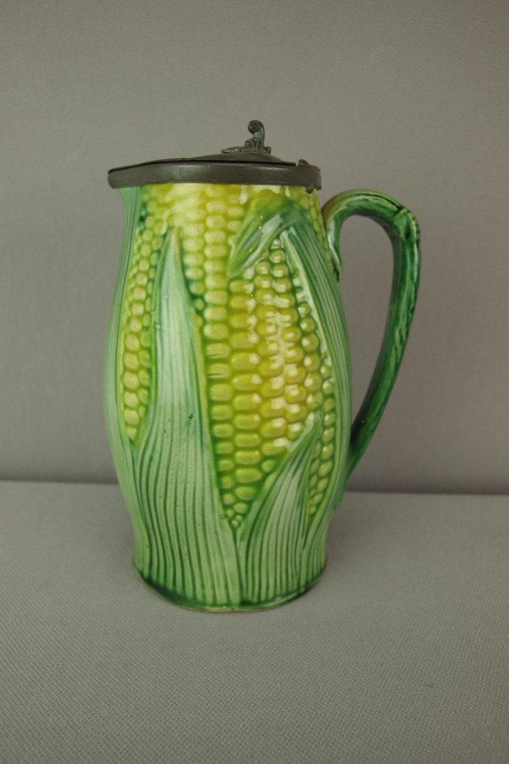Majolica corn syrup pitcher with pewter top, 6" : Majolica corn syrup pitcher with pewter top, 6"