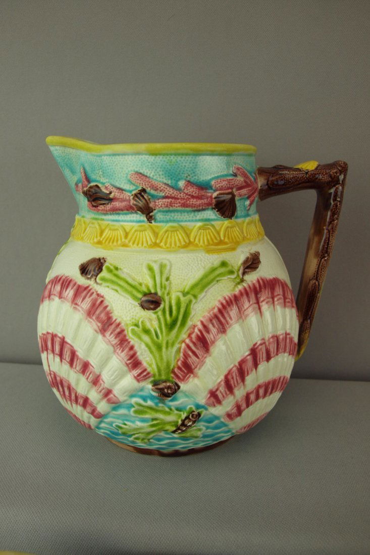 Majolica shells and coral on waves pitcher, outstand: Majolica shells and coral on waves pitcher, outstanding color and detail, 8"