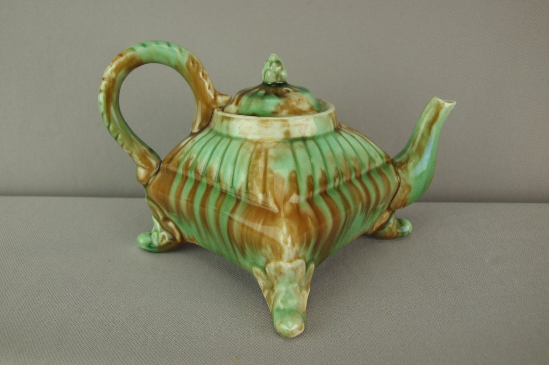 Majolica mottled unusual form teapot, 5"h : Majolica mottled unusual form teapot, 5"h