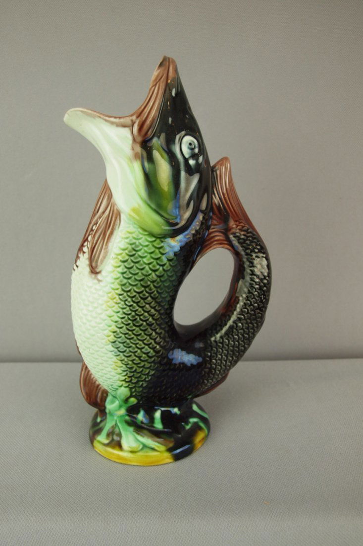Majolica figural fish pitcher, 9" : Majolica figural fish pitcher, 9"