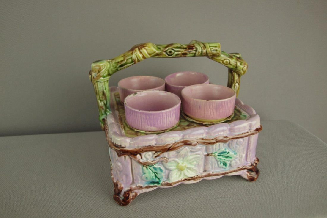 Majolica pink rustic egg cup holder, nicks and repai: Majolica pink rustic egg cup holder, nicks and repairs to egg cups