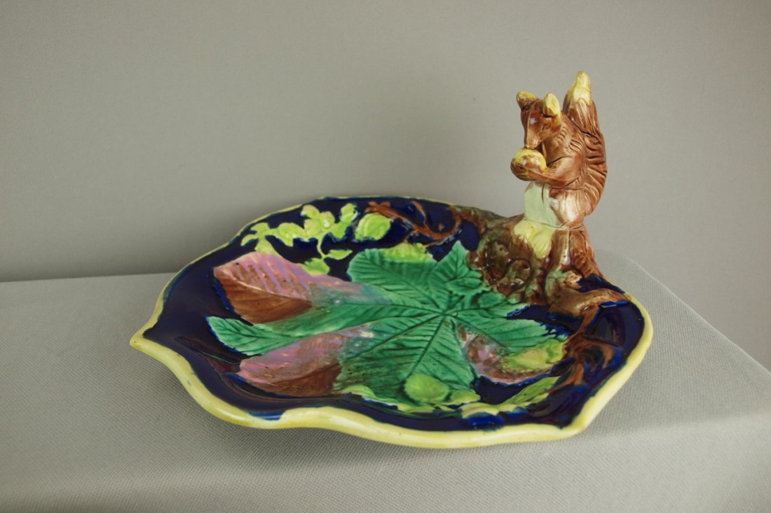 Majolica serving tray with cobalt ground and squirre: Majolica serving tray with cobalt ground and squirrel handle, nice color, 10"w