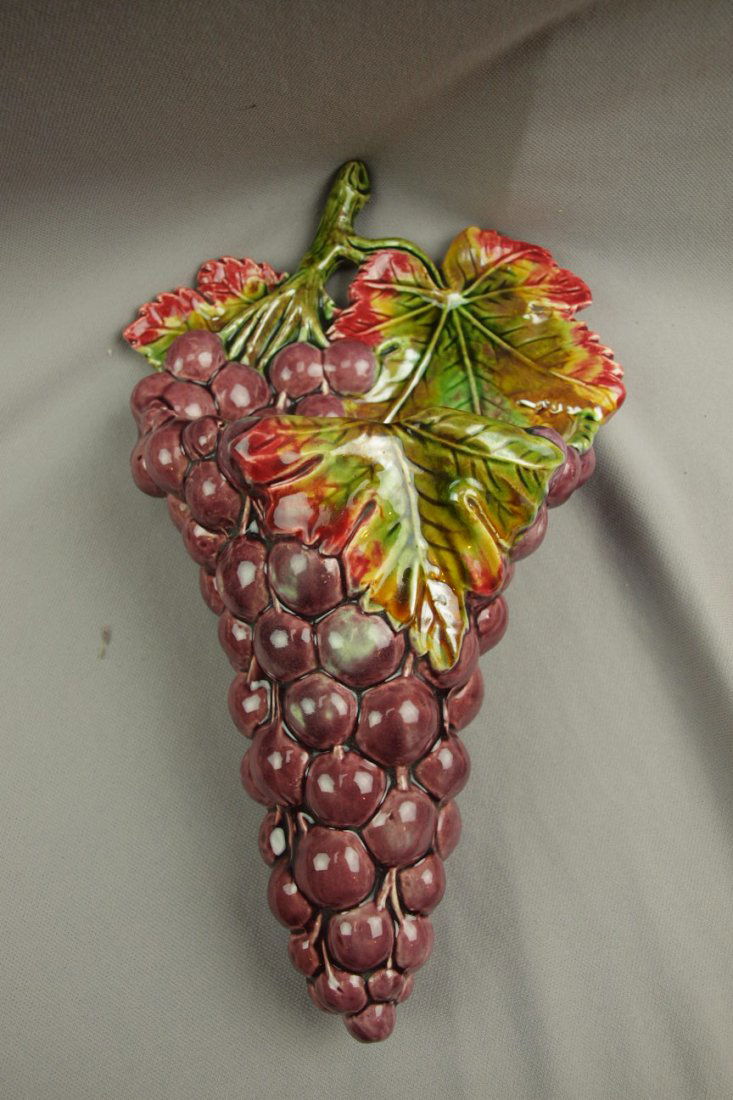 French majolica wall pocket in the form of a clump o: French majolica wall pocket in the form of a clump of grapesm, 13"l