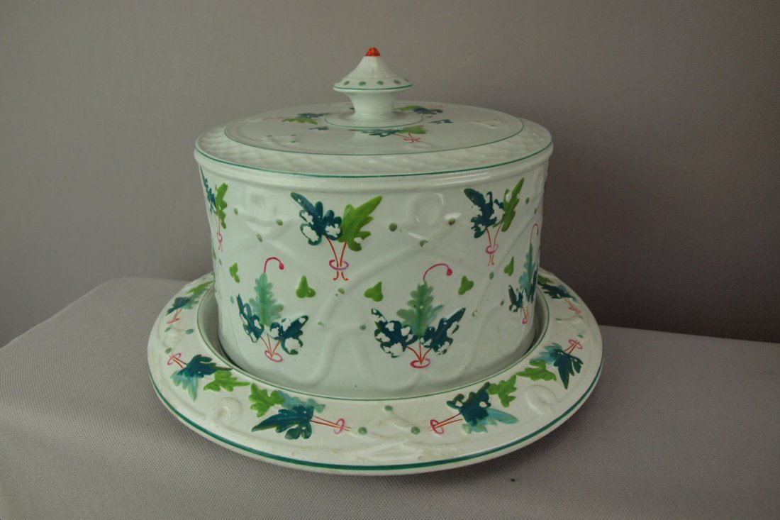 E.M. & Co ironstone cheese keeper with decorated lea: E.M. & Co ironstone cheese keeper with decorated leaves, 7"h