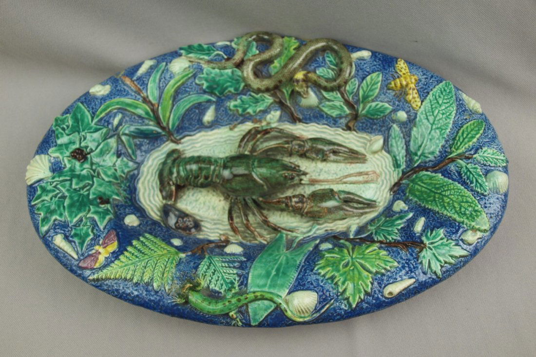 19th C. French Barbizet Palissy majolica oval tray: 19th C. French Barbizet Palissy majolica oval tray with lobster, snake, salamander and other sealife on cobalt ground, loss to salamander's head, 14 1/2"l