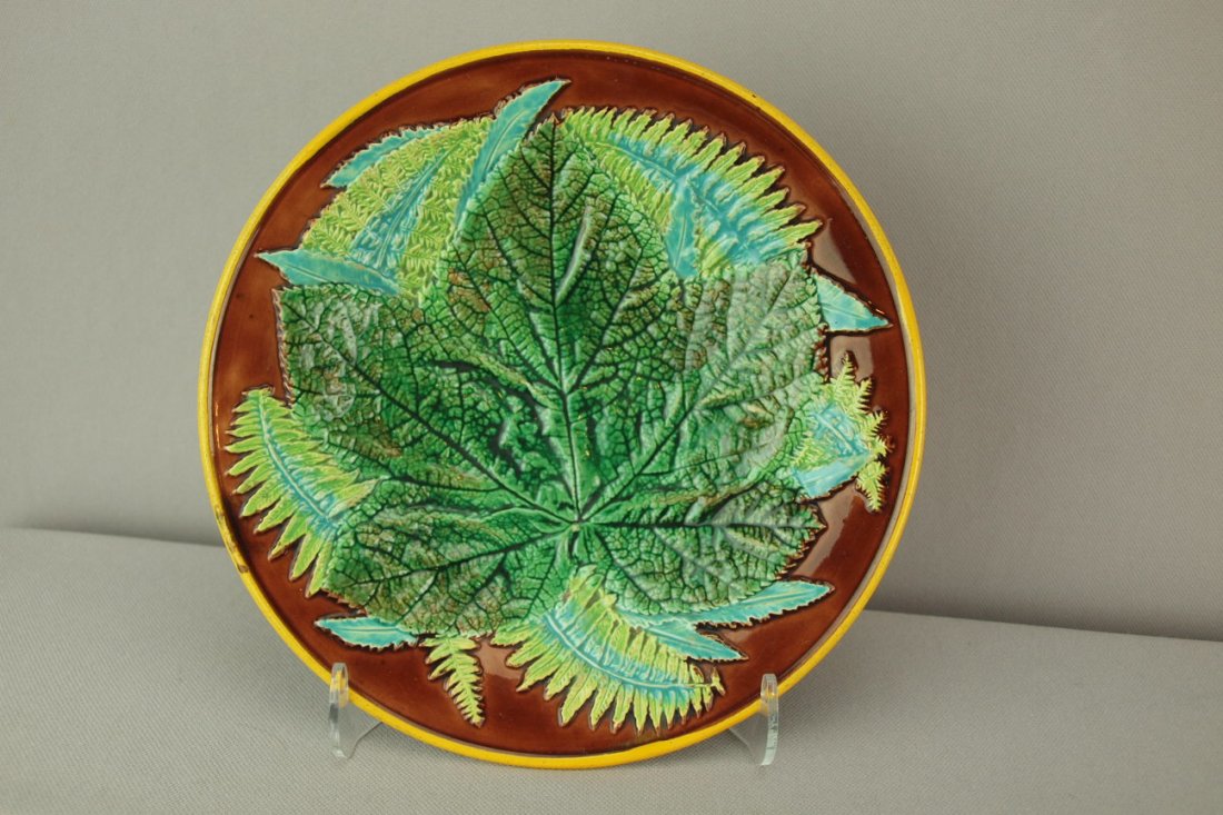 GEORGE JONES majolica ferns and leaf plate with brow: GEORGE JONES majolica ferns and leaf plate with brown ground, 8 1/2"