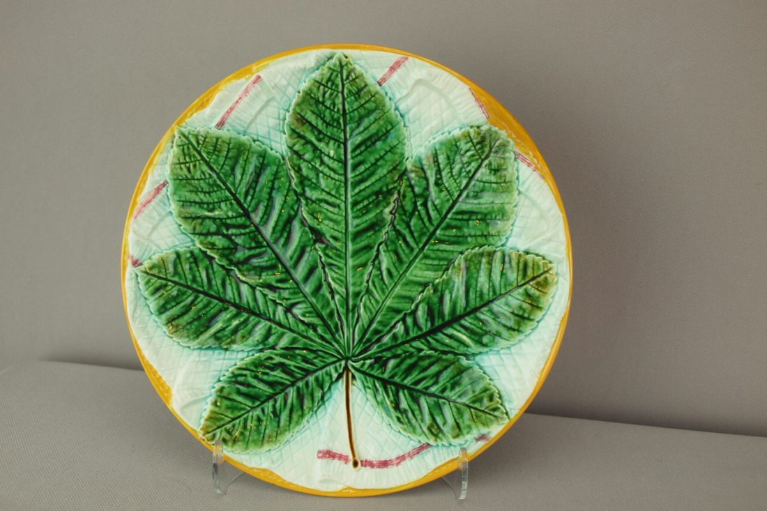GEORGE JONES majolica chestnut leaf on napkin plate,: GEORGE JONES majolica chestnut leaf on napkin plate, 9"