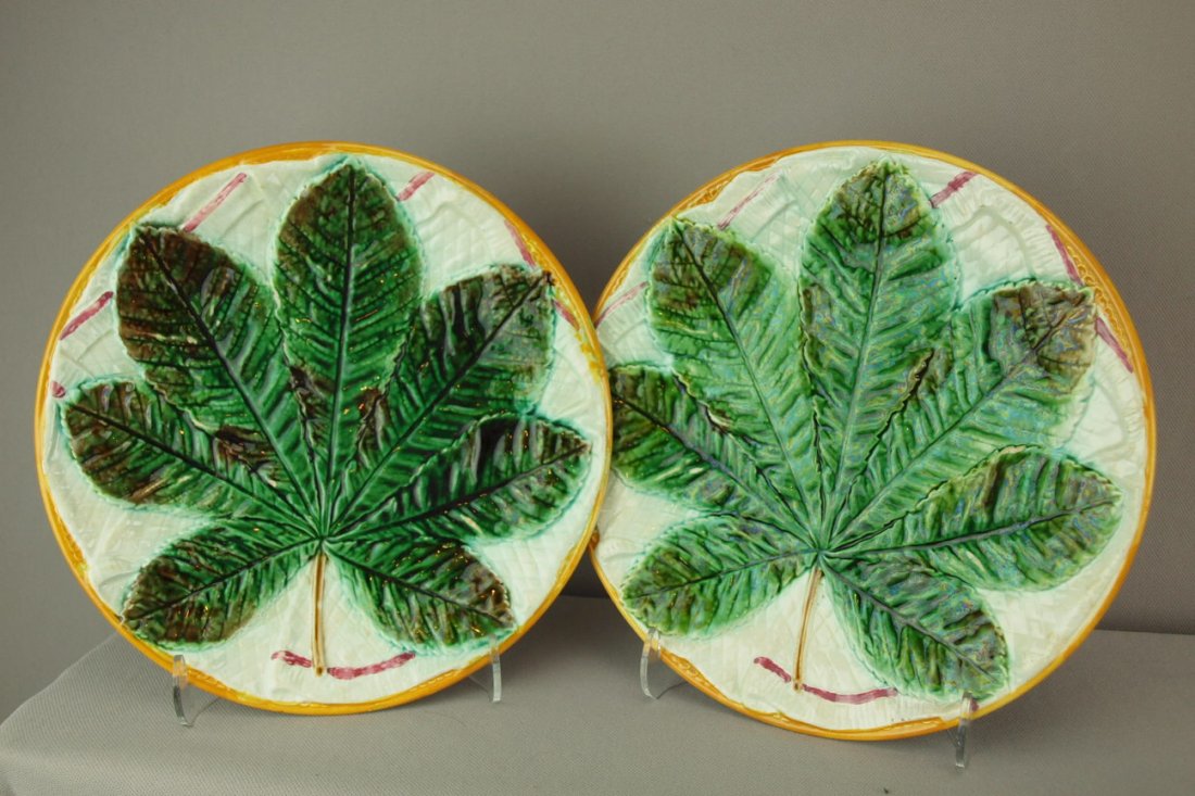 GEORGE JONES pair of chestnut leaf on napkin plate, : GEORGE JONES pair of chestnut leaf on napkin plate, 9", not shown
