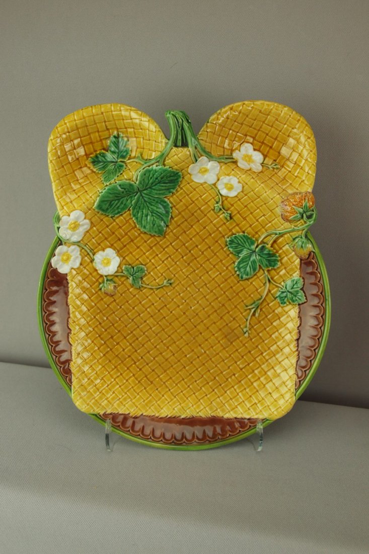 MINTON strawberry and napkin strawberry server, unus: MINTON strawberry and napkin strawberry server, unusual form, 11"l, 9 1/2"w, professional rim repair