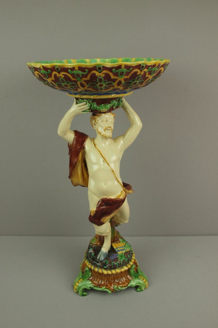 MINTON majolica tall figural comport supported by fa: MINTON majolica tall figural comport supported by faun, 21"h, 10 3/4"d, professional repair to base
