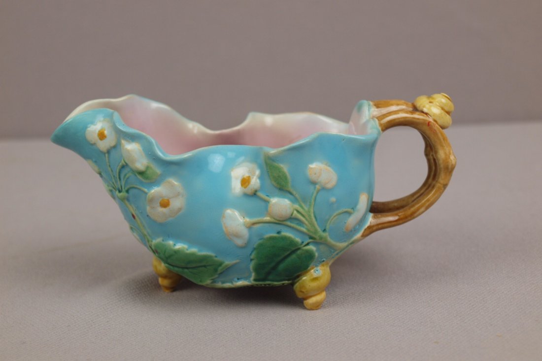 MINTON majolica turquoise and floral creamer with sna: MINTON majolica turquoise and floral creamer with snail feet, shape no. 642, professional spout repair, rare to find in turquoise
