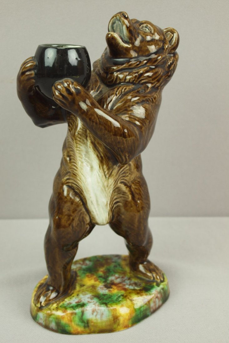 Georges Dreyfus rare French majolica figure of a bea: Georges Dreyfus rare French majolica figure of a bear with honey pot, nice detail, 9 1/2", base chip to underside