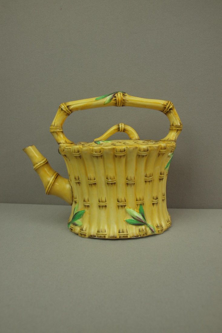 WEDGWOOD bamboo creamware figural tea kettle with ba: WEDGWOOD bamboo creamware figural tea kettle with bail handle, 6"