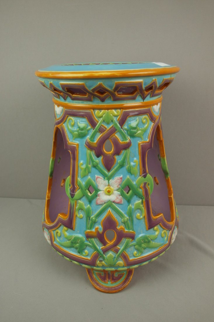 MINTON majolica garden seat, 18", shape no. 940, pie: MINTON majolica garden seat, 18", shape no. 940, pierced geo-metric design with floral motif
