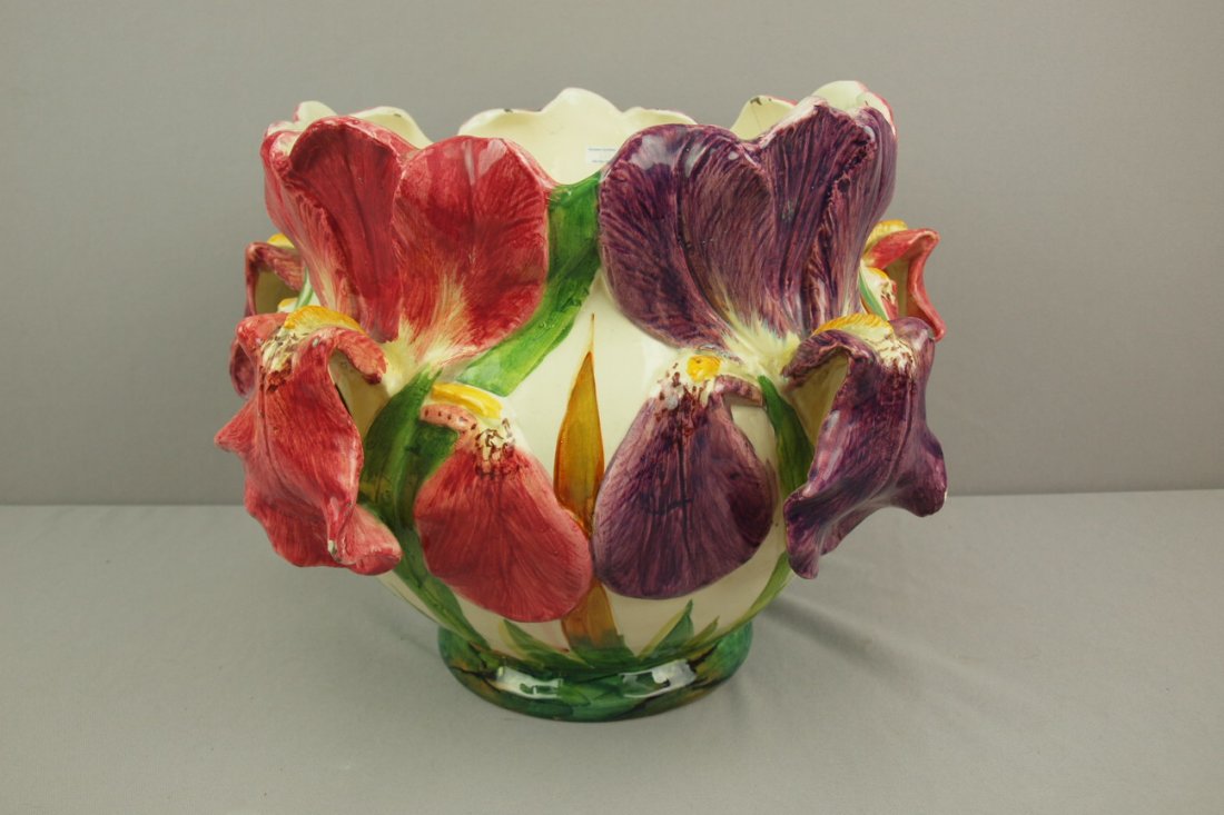 DELPHIN MASSIER majolica orchid jardiniere, great : DELPHIN MASSIER majolica orchid jardiniere, great color, hairline, nicks to high points, 12 1/2"h, 17"w, nice color