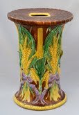 Adams & Bromley majolica corn and wheat garden seat w: Adams & Bromley majolica corn and wheat garden seat with basketweave top