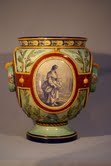 Rare French majolica jardiniere after a Minton orig: Rare French majolica jardiniere after a Minton original with hand painted panels, 14", old restorations